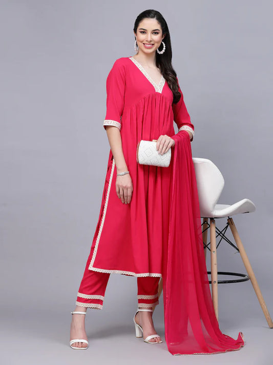 SOLID RAYON NAIRA CUT KURTA PANT DUPATTA SET