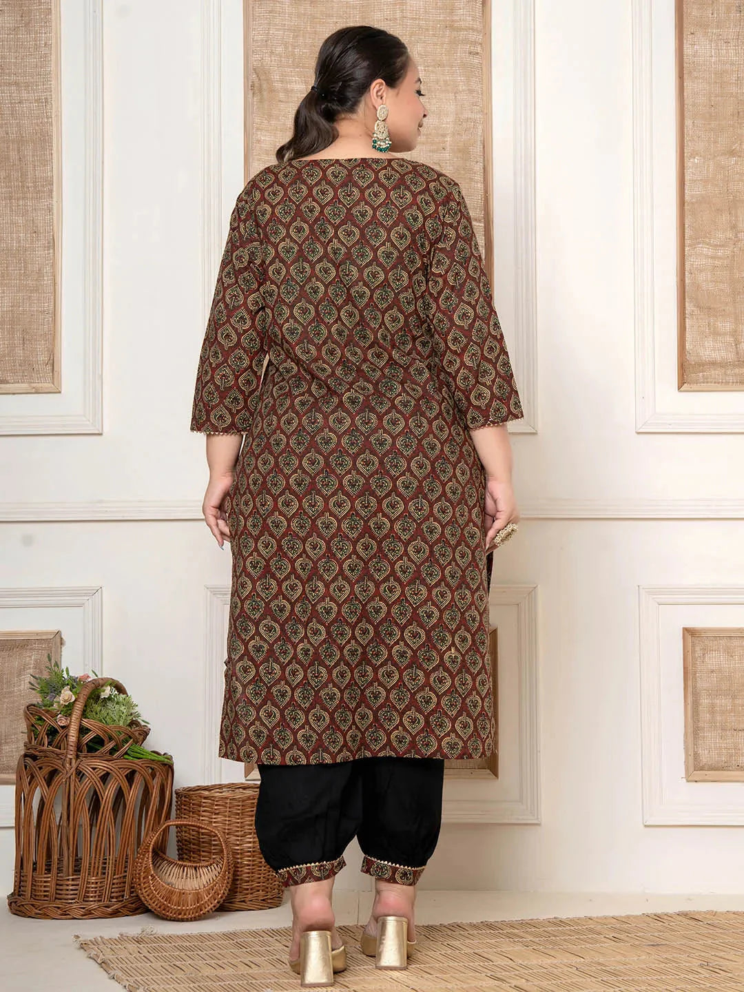 Maroon Cotton Printed Plus Size Kurta Harem Pants Set-Yufta Store-1690PSETMR3XL