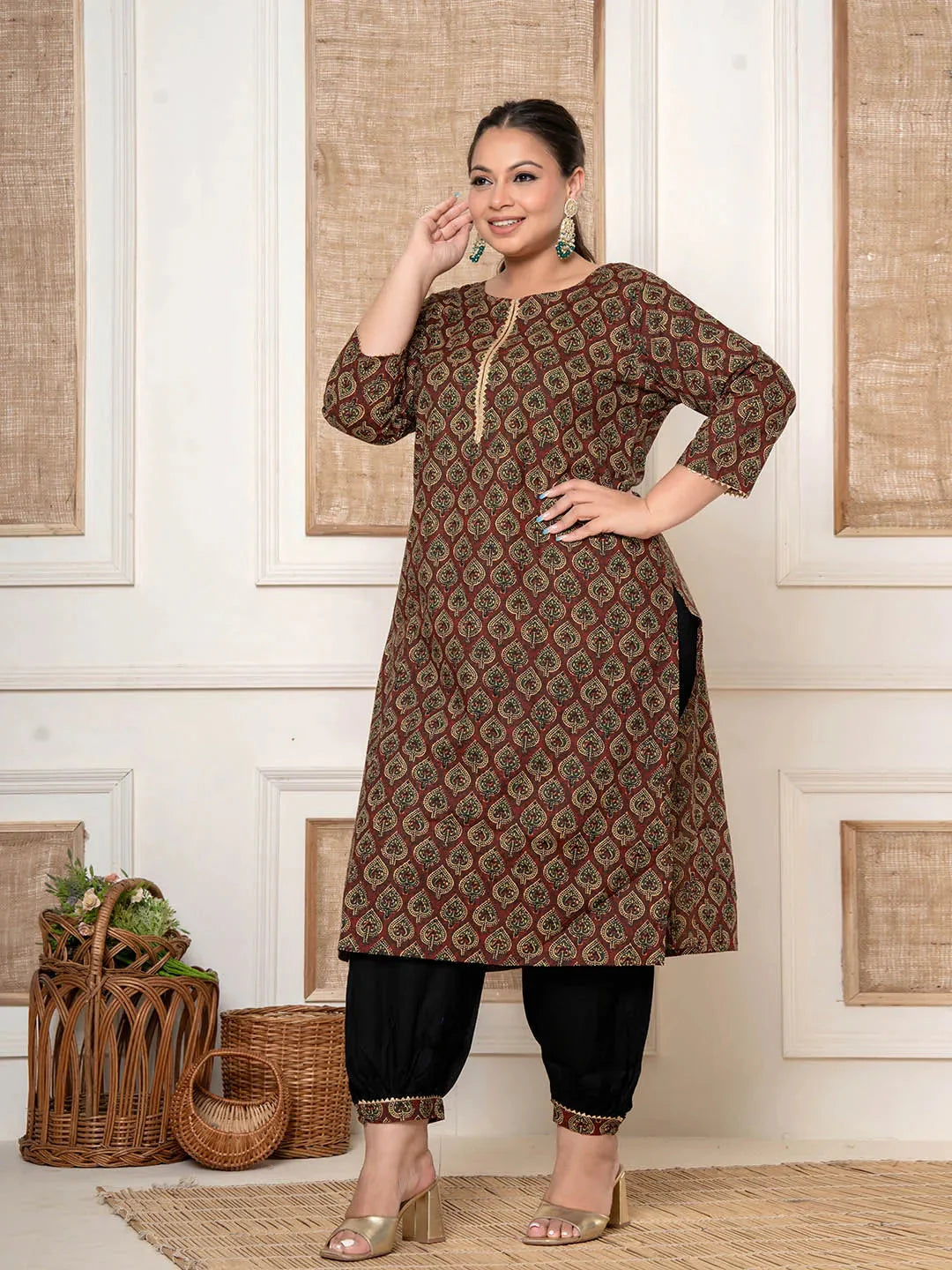 Maroon Cotton Printed Plus Size Kurta Harem Pants Set-Yufta Store-1690PSETMR3XL