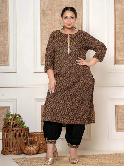 Maroon Cotton Printed Plus Size Kurta Harem Pants Set-Yufta Store-1690PSETMR3XL