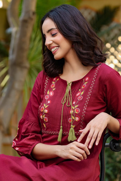 Maroon Embroidered Dress-Yufta Store-9230DRSMRS