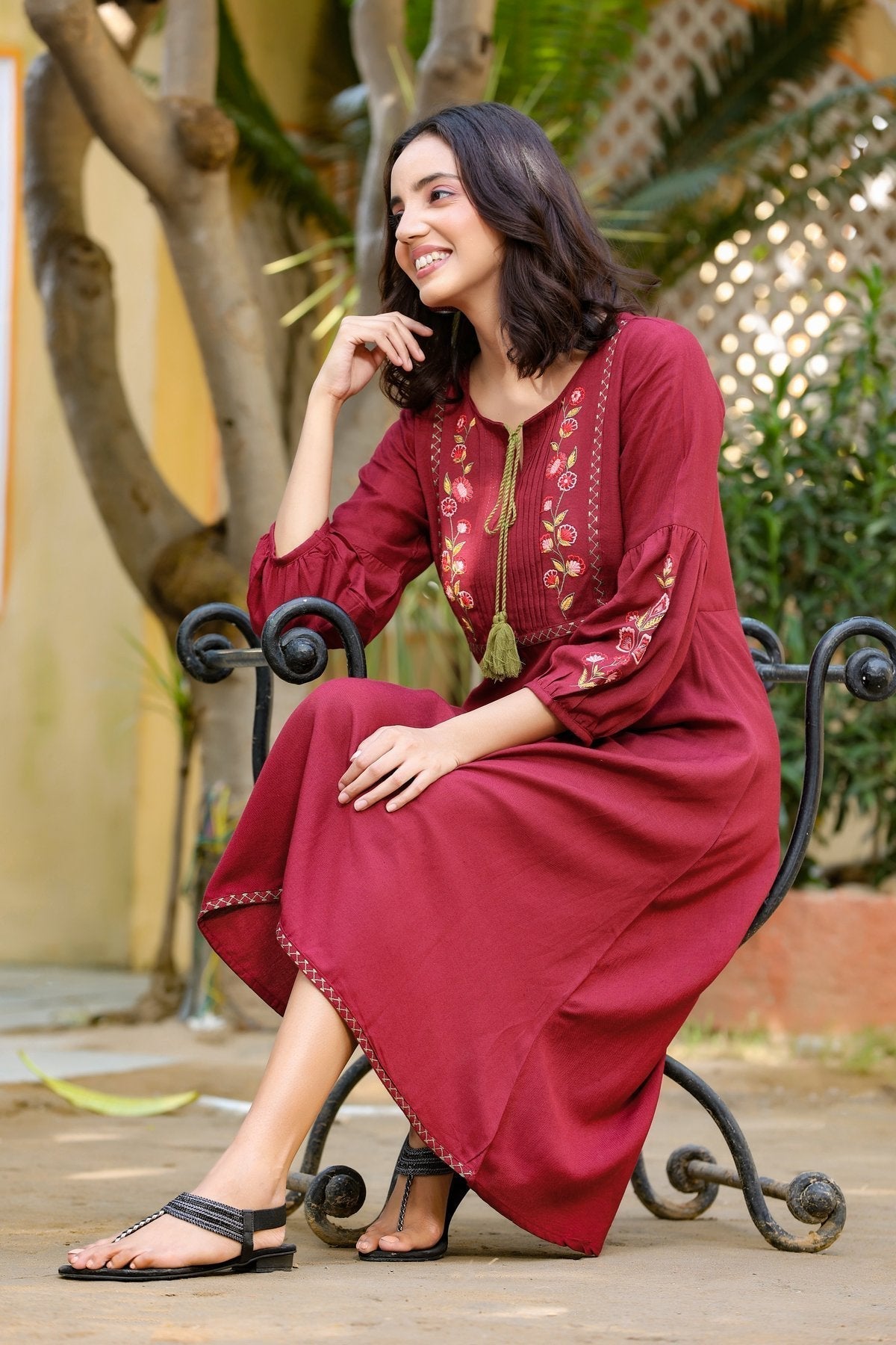 Maroon Embroidered Dress-Yufta Store-9230DRSMRS