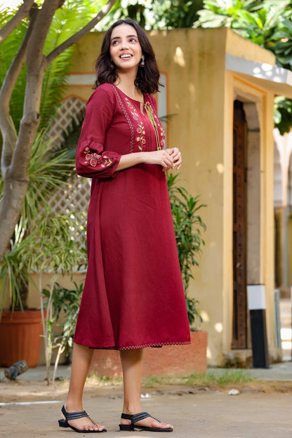 Maroon Embroidered Dress-Yufta Store-9230DRSMRS