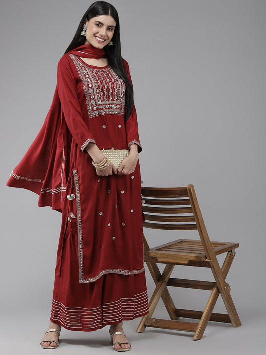 Maroon Embroidered Dupatta Set-Yufta Store-9894SKDMRS