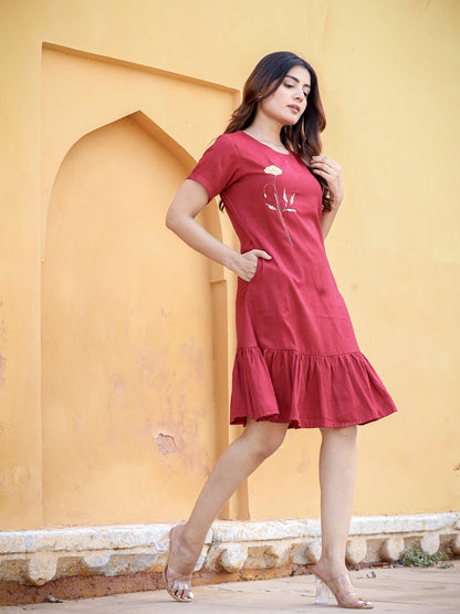 Maroon Floral Embroidered A-Line Midi Dress-Yufta Store-9851DRSMRS