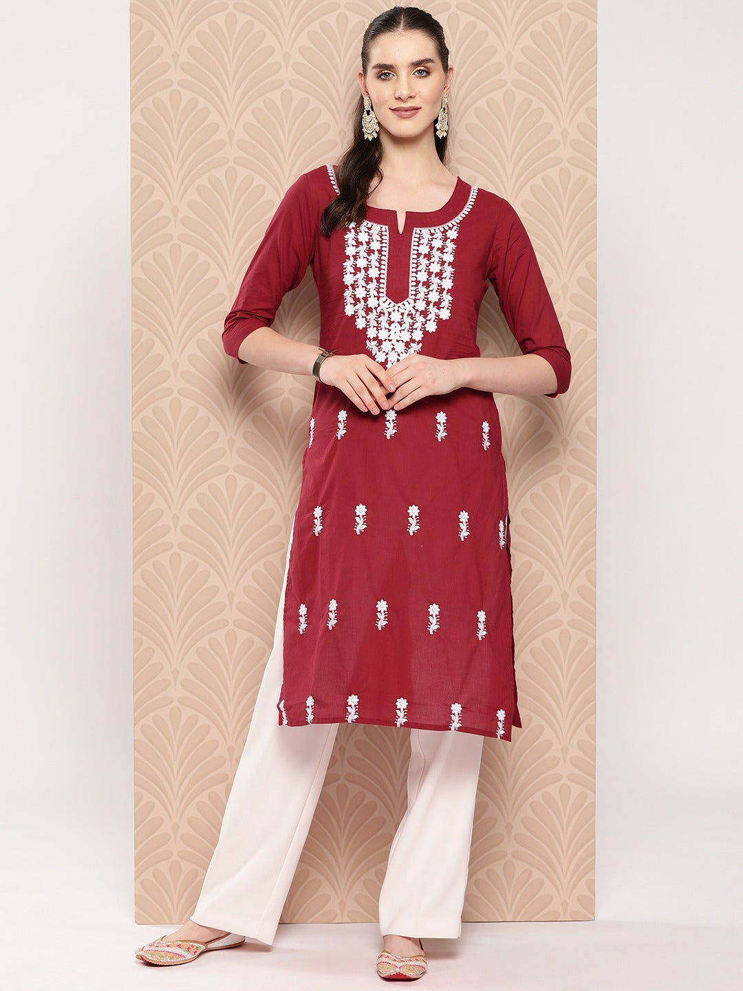 Maroon Floral Embroidered Pure Cotton Kurta-Yufta Store-1497KURMRS