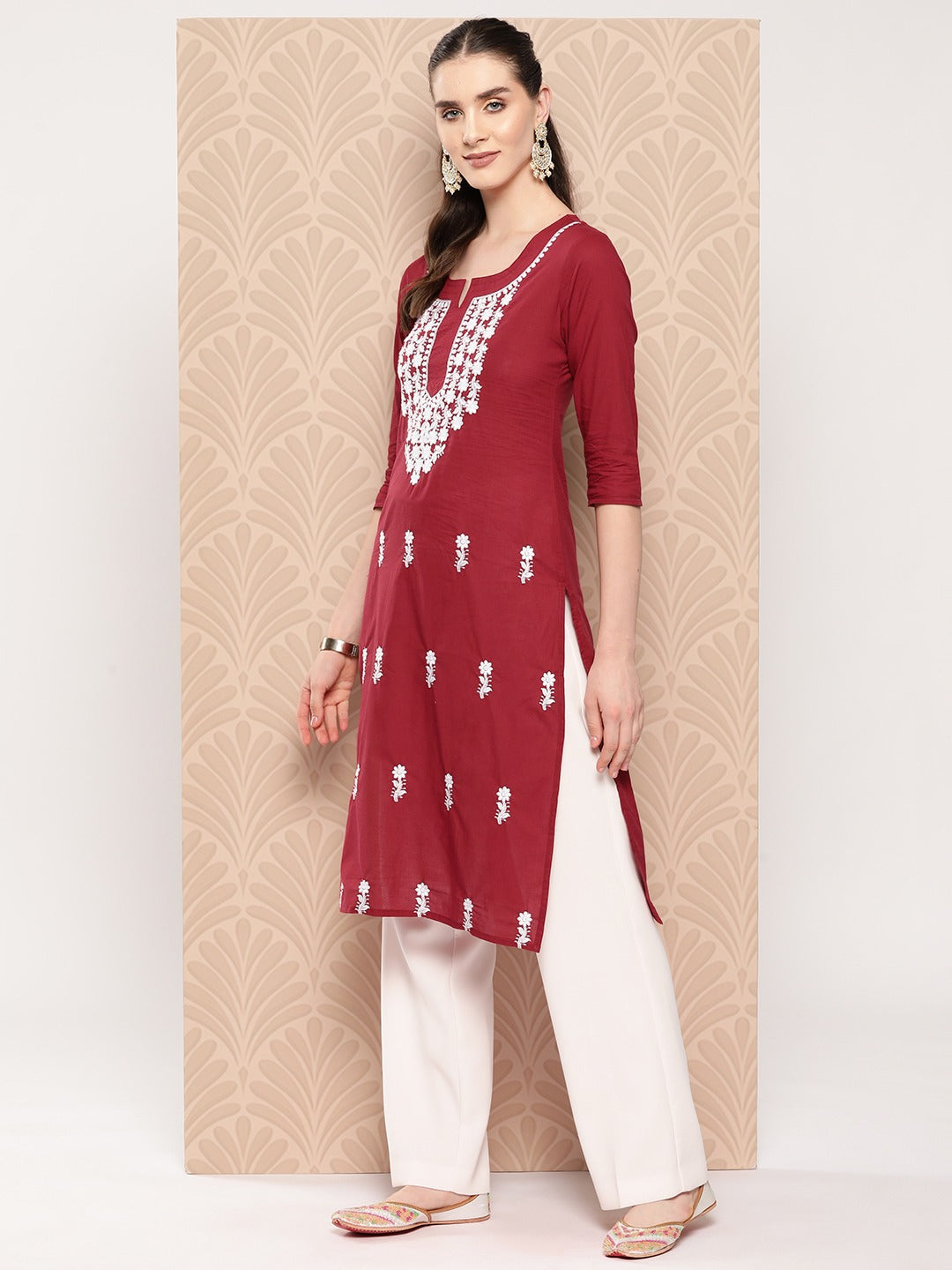 Maroon Floral Embroidered Pure Cotton Kurta-Yufta Store-1497KURMRS