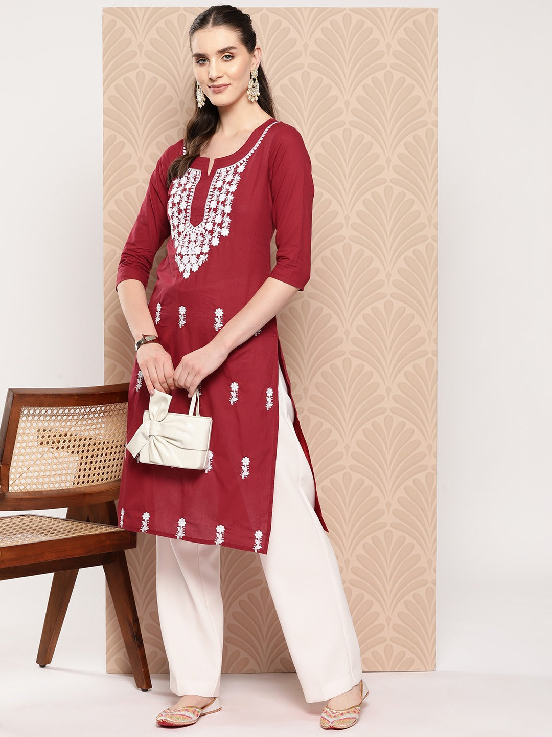 Maroon Floral Embroidered Pure Cotton Kurta-Yufta Store-1497KURMRS