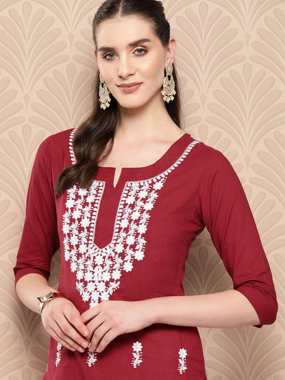 Maroon Floral Embroidered Pure Cotton Kurta-Yufta Store-1497KURMRS