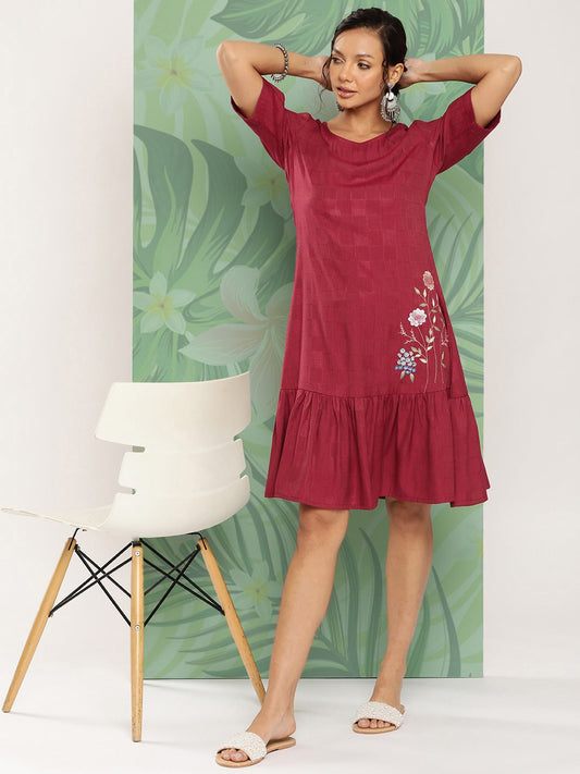 Maroon Floral Ethnic Dress-Yufta Store-9852DRSMRS