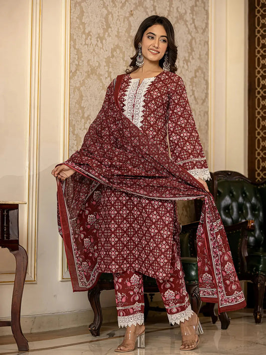 Maroon Floral Print Pakistani Style Kurta Trouser And Dupatta Set-Yufta Store-6854SKDMRS