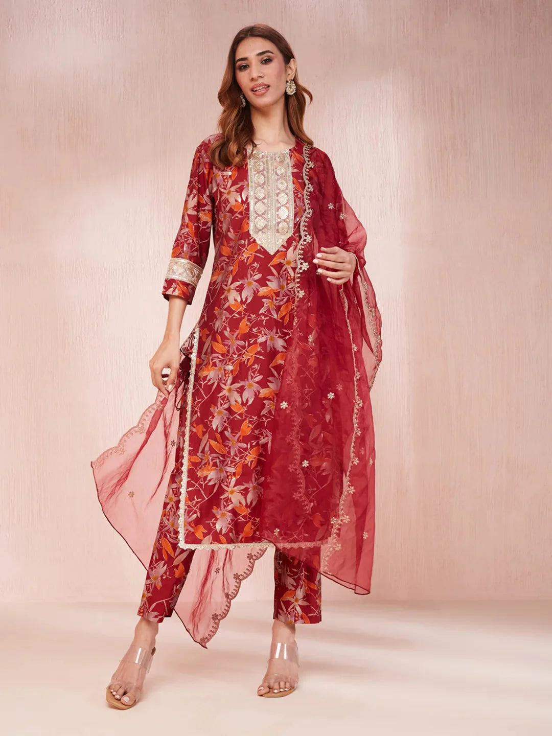 Maroon Floral Print Sequins_Work Straight Kurta Trouser And Dupatta Set-Yufta Store-1784SKDMRS