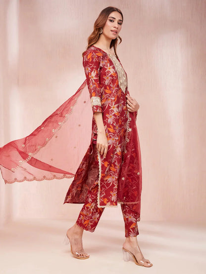 Maroon Floral Print Sequins_Work Straight Kurta Trouser And Dupatta Set-Yufta Store-1784SKDMRS