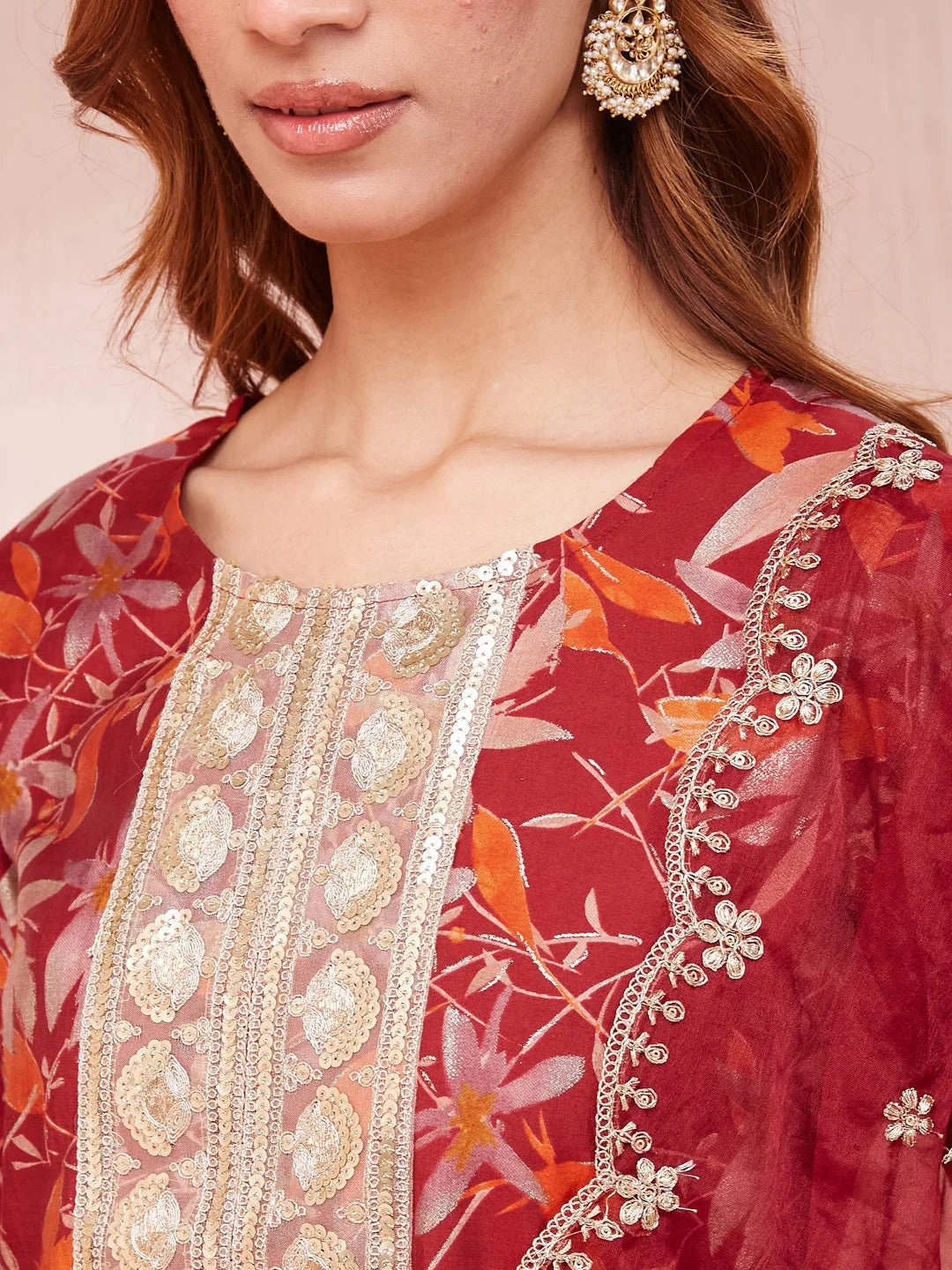 Maroon Floral Print Sequins_Work Straight Kurta Trouser And Dupatta Set-Yufta Store-1784SKDMRS