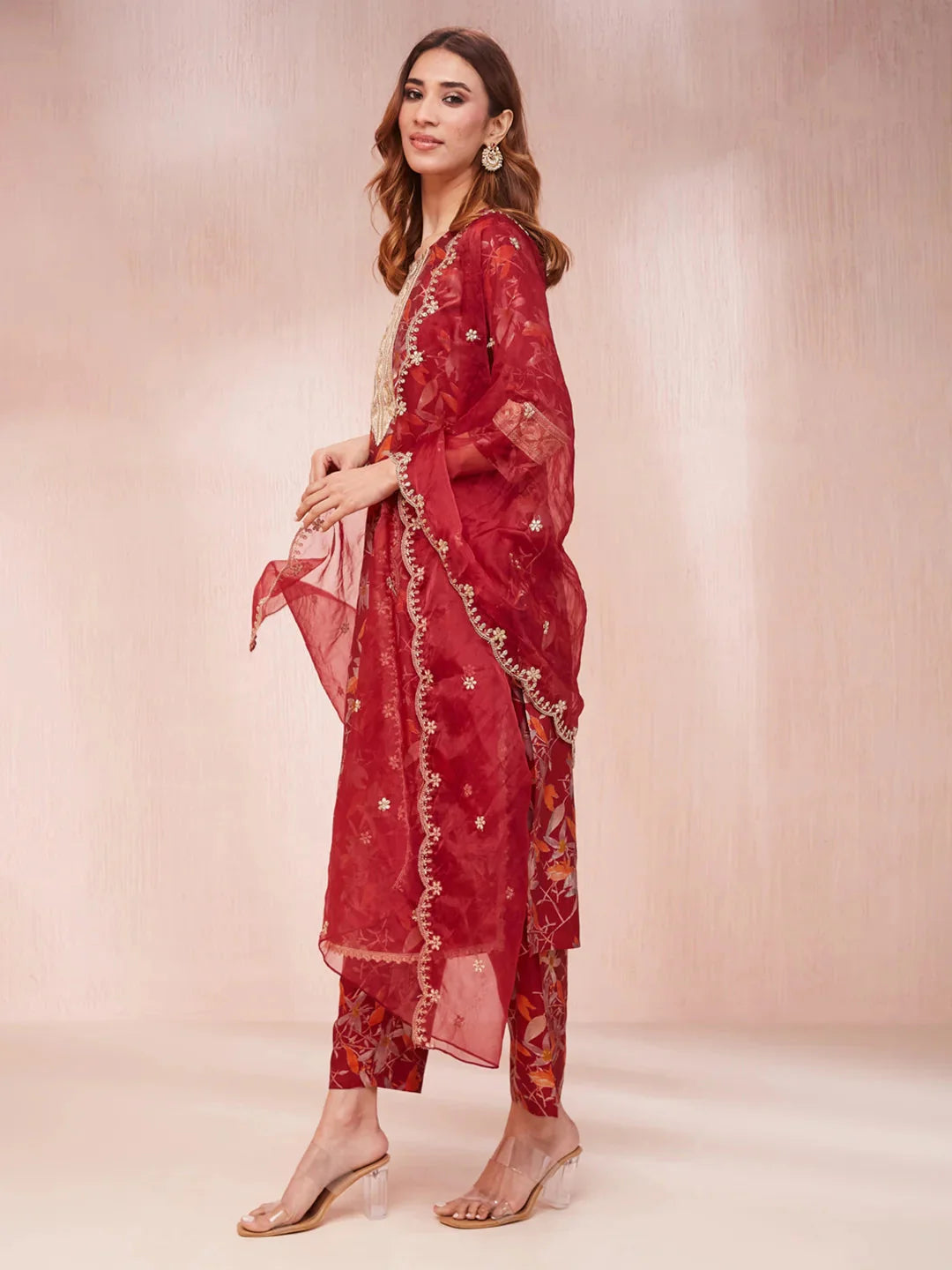 Maroon Floral Print Sequins_Work Straight Kurta Trouser And Dupatta Set-Yufta Store-1784SKDMRS