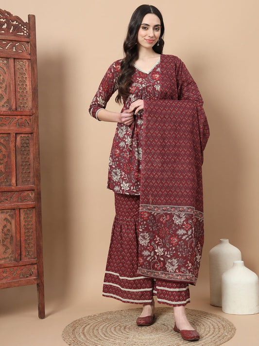 Maroon Floral Print Straight Alia-Cut Kurta Sharara And Dupatta Set-Yufta Store-1850SKDMRS