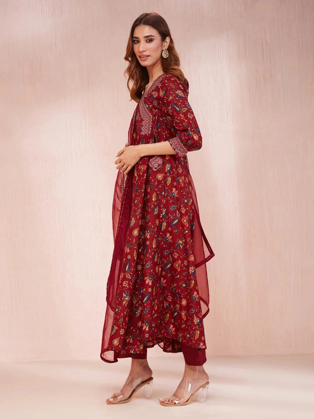 Maroon Floral Print Zari_Work Anarkali Kurta Trouser And Dupatta Set-Yufta Store-1440SKDMRS