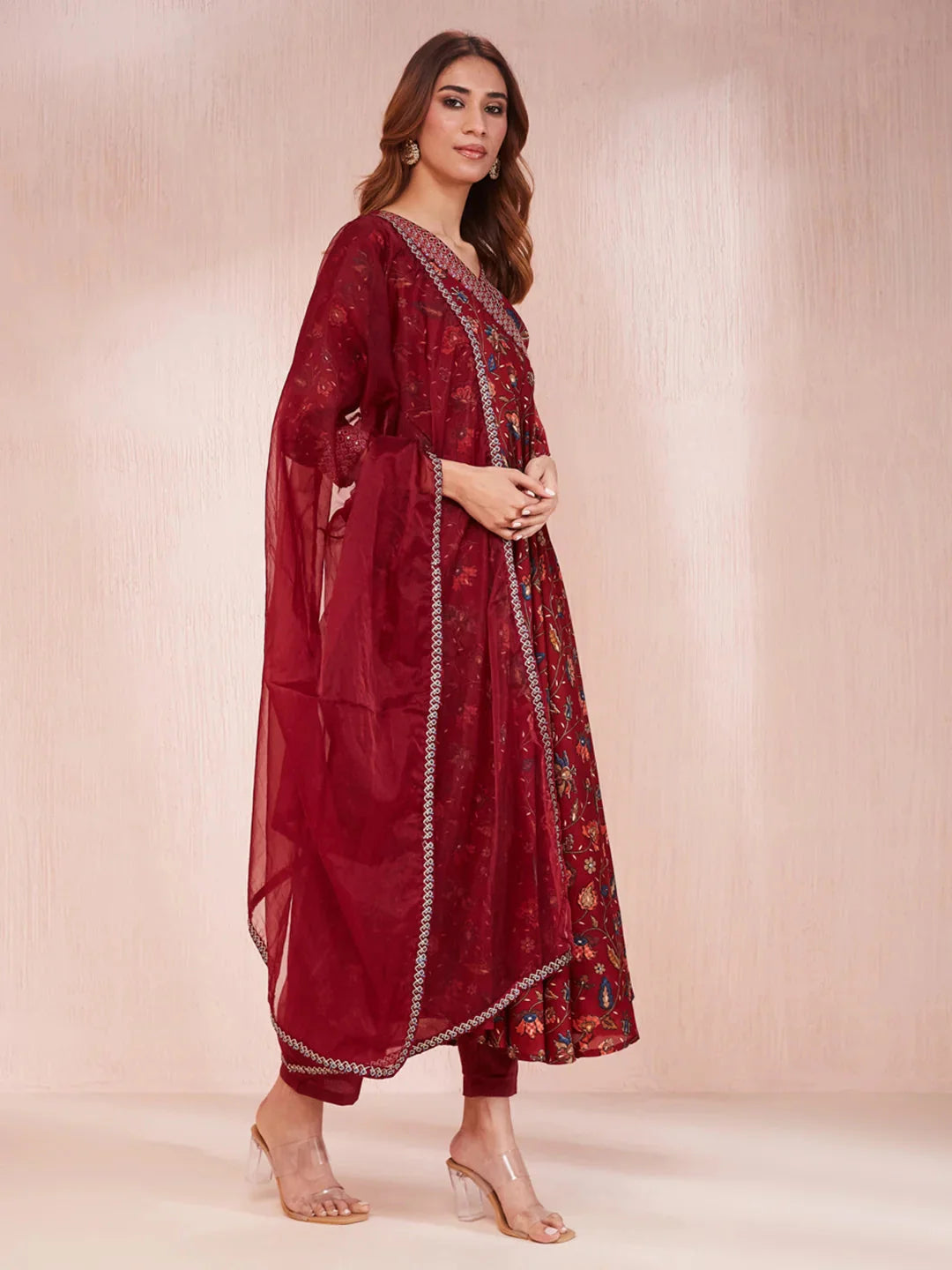 Maroon Floral Print Zari_Work Anarkali Kurta Trouser And Dupatta Set-Yufta Store-1440SKDMRS