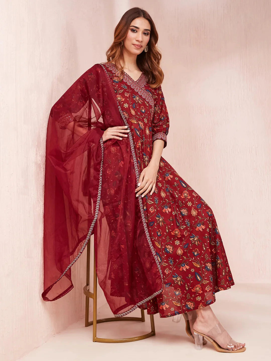 Maroon Floral Print Zari_Work Anarkali Kurta Trouser And Dupatta Set-Yufta Store-1440SKDMRS