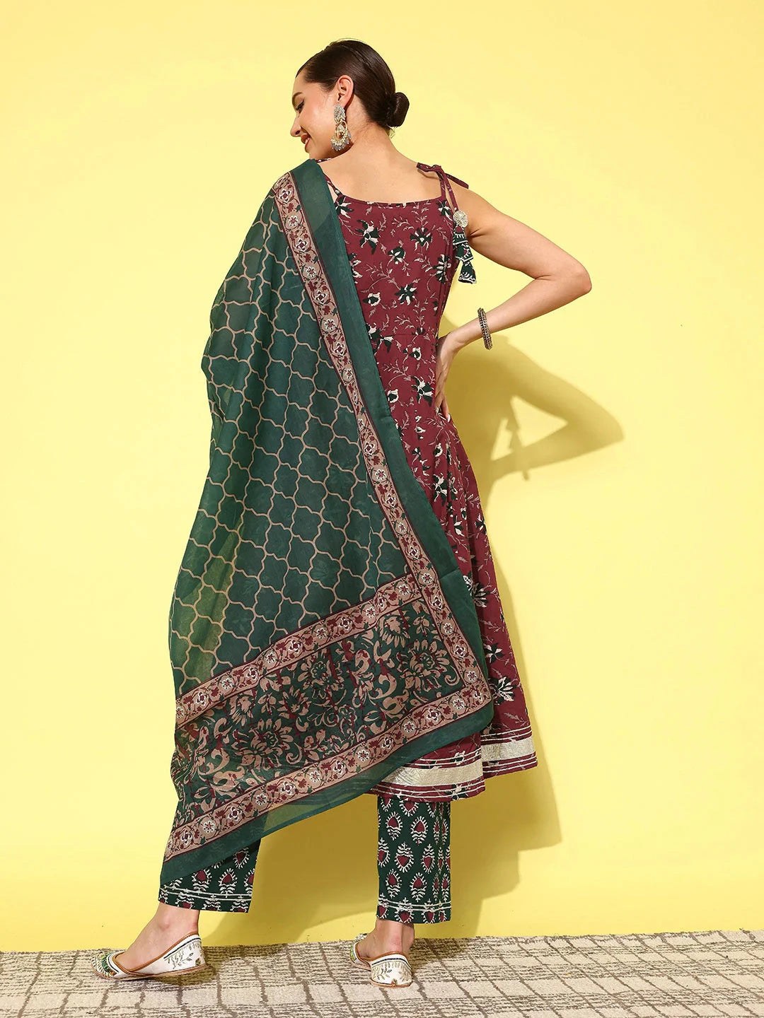 Maroon Floral Printed Pleated Pure Cotton Kurta with Trousers & Dupatta-Yufta Store-1428SKDMRS