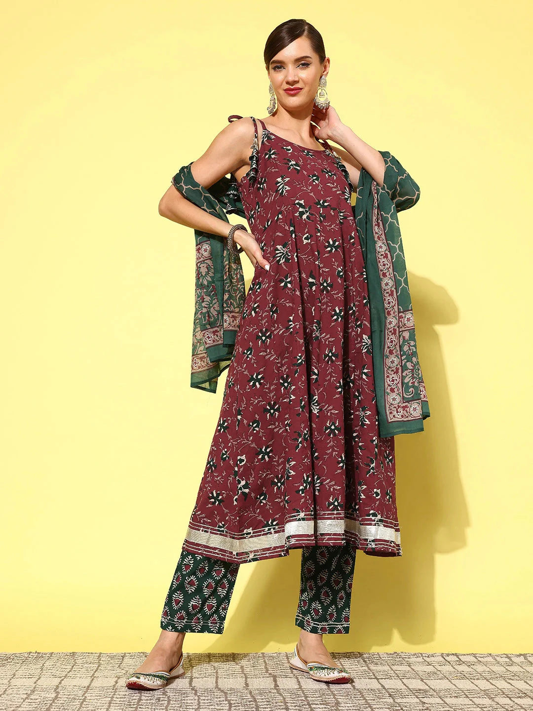 Maroon Floral Printed Pleated Pure Cotton Kurta with Trousers & Dupatta-Yufta Store-1428SKDMRS