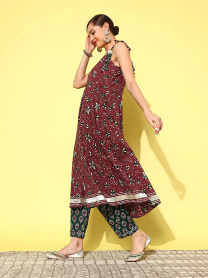 Maroon Floral Printed Pleated Pure Cotton Kurta with Trousers & Dupatta-Yufta Store-1428SKDMRS