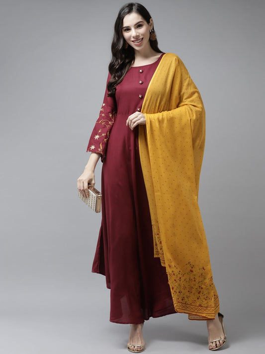 Maroon & Mustard Maxi Dress & Dupatta-Yufta Store-9479DRSMRS