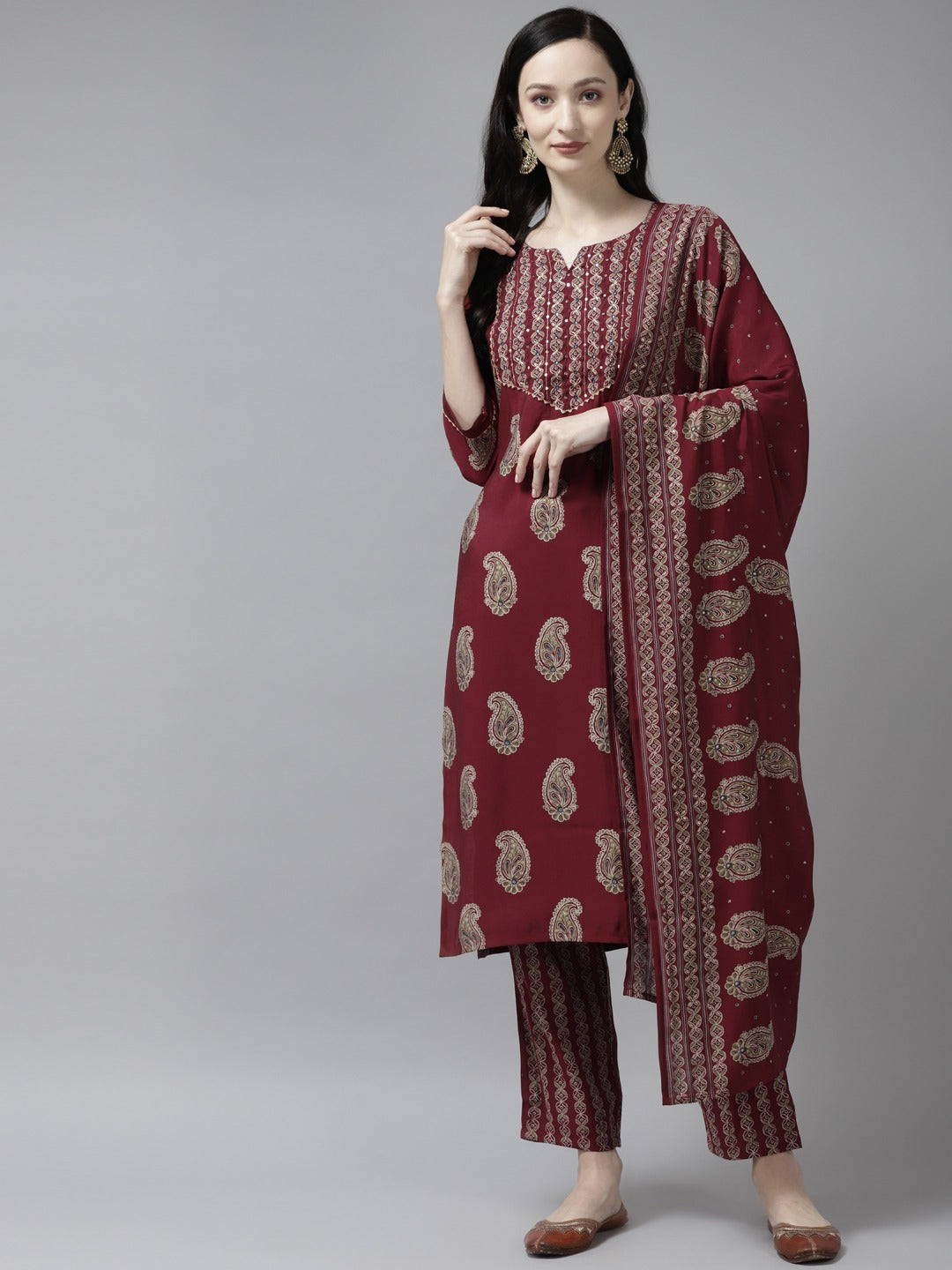 Maroon Thread Work Dupatta Set-Yufta Store-9888SKDMRM