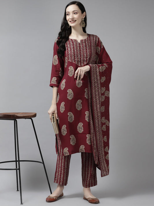 Maroon Thread Work Dupatta Set-Yufta Store-9888SKDMRM