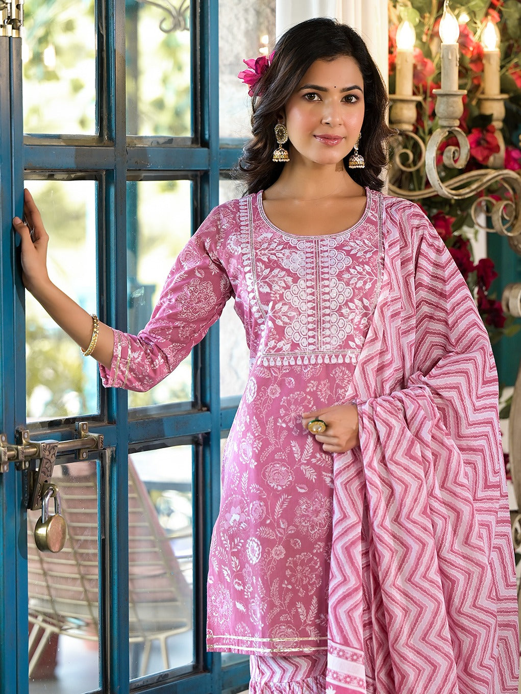 Mauve Embroidered Straight Kurta Sharara with Dupatta Set-Yufta Store-1728SKDPRS