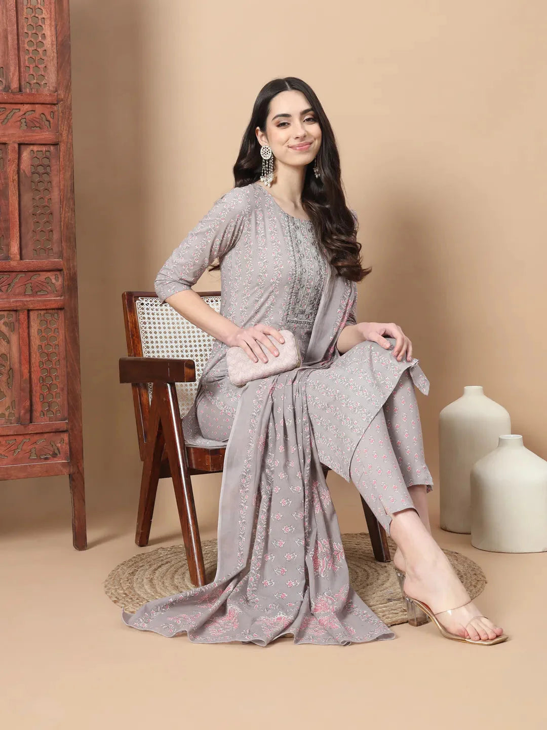 Mauve Ethnic Motifs,Thread_Work Straight Kurta Trouser And Dupatta Set-Yufta Store-6812SKDPRS