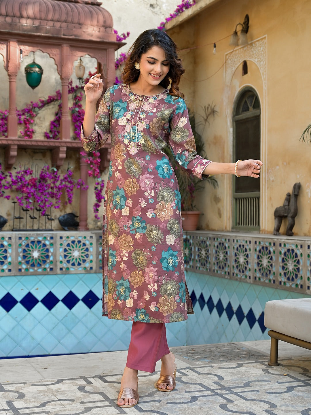 Mauve Floral,Thread_Work Kurta Trouser Set-Yufta Store-1695SETPRS