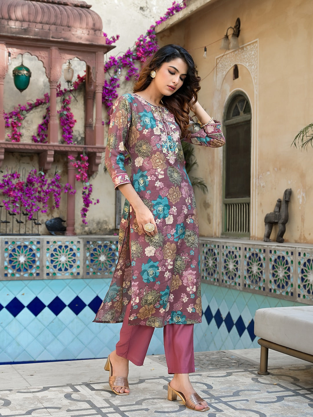 Mauve Floral,Thread_Work Kurta Trouser Set-Yufta Store-1695SETPRS