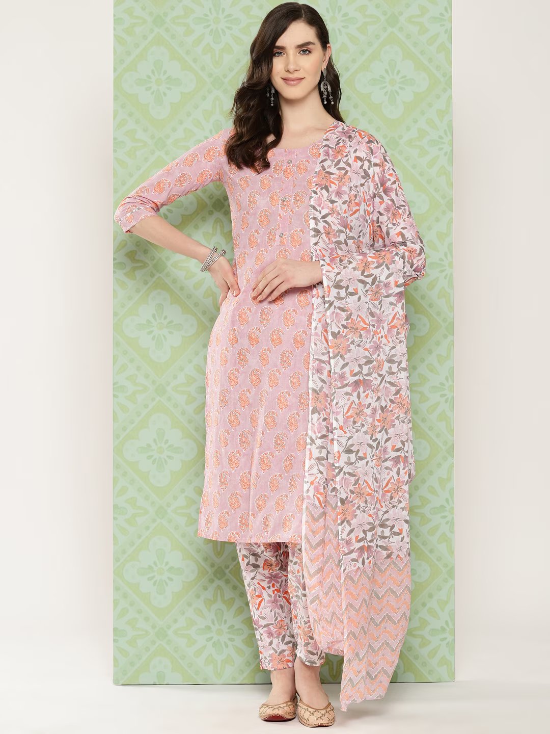 Mauve Paisley Printed Cotton Kurta with Trousers & With Dupatta Set-Yufta Store-1474SKDPRS