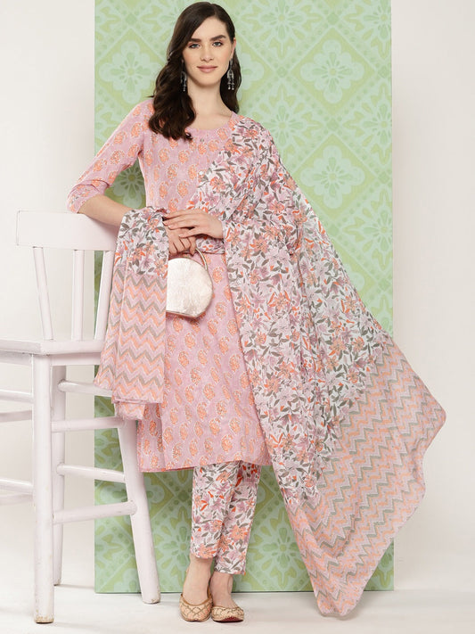 Mauve Paisley Printed Cotton Kurta with Trousers & With Dupatta Set-Yufta Store-1474SKDPRS