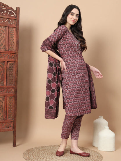 Mauve Thread_Work Printed Cotton Kurta Dupatta Set-Yufta Store-6818SKDPKS