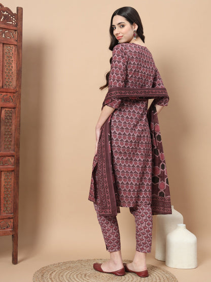 Mauve Thread_Work Printed Cotton Kurta Dupatta Set-Yufta Store-6818SKDPKS