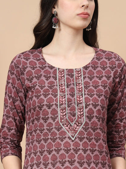 Mauve Thread_Work Printed Cotton Kurta Dupatta Set-Yufta Store-6818SKDPKS