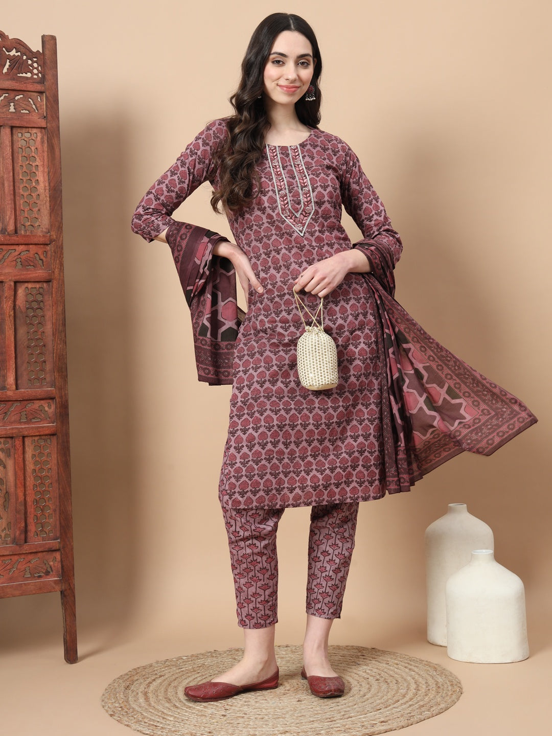 Mauve Thread_Work Printed Cotton Kurta Dupatta Set-Yufta Store-6818SKDPKS