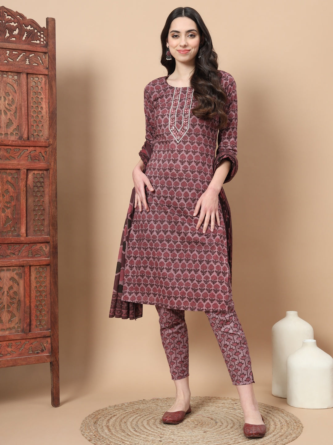 Mauve Thread_Work Printed Cotton Kurta Dupatta Set-Yufta Store-6818SKDPKS