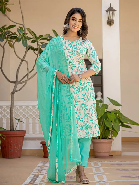 Mint Green Leaf Print Straight Piping On Yoke Kurta Trouser And Dupatta Set-Yufta Store-6831SKDGRS