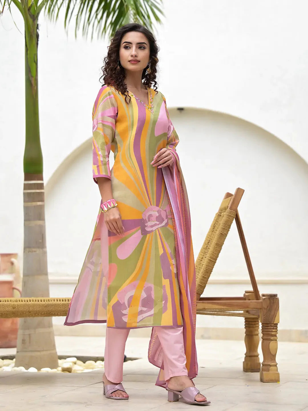 Multi Digital Print Linen Cotton Have A Lining Kurta Trouser And Dupatta Set-Yufta Store-6872SKDMTS