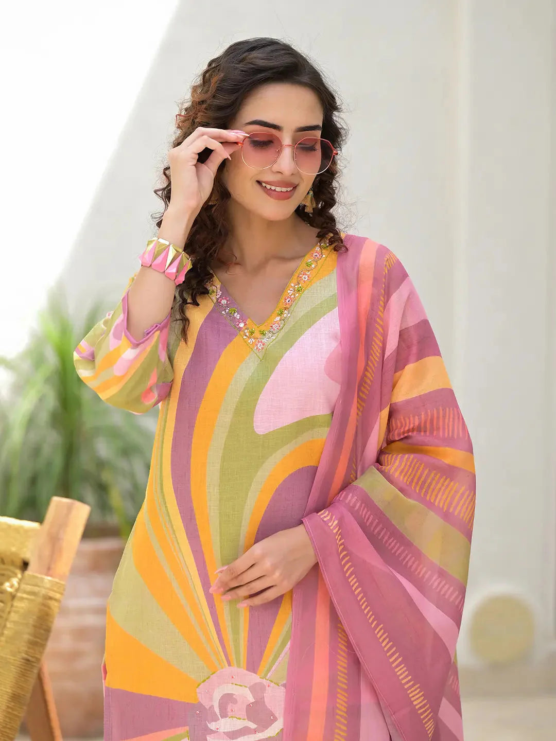 Multi Digital Print Linen Cotton Have A Lining Kurta Trouser And Dupatta Set-Yufta Store-6872SKDMTS