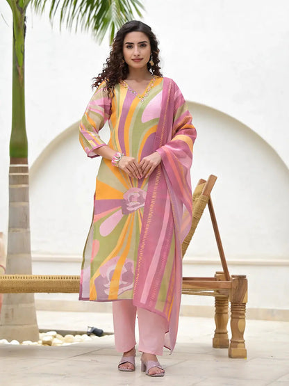 Multi Digital Print Linen Cotton Have A Lining Kurta Trouser And Dupatta Set-Yufta Store-6872SKDMTS