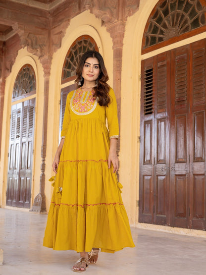 Mustard Cotton Mirror Work Dress-Yufta Store-2196DRSMSM