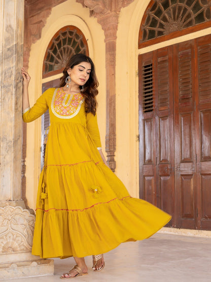 Mustard Cotton Mirror Work Dress-Yufta Store-2196DRSMSM