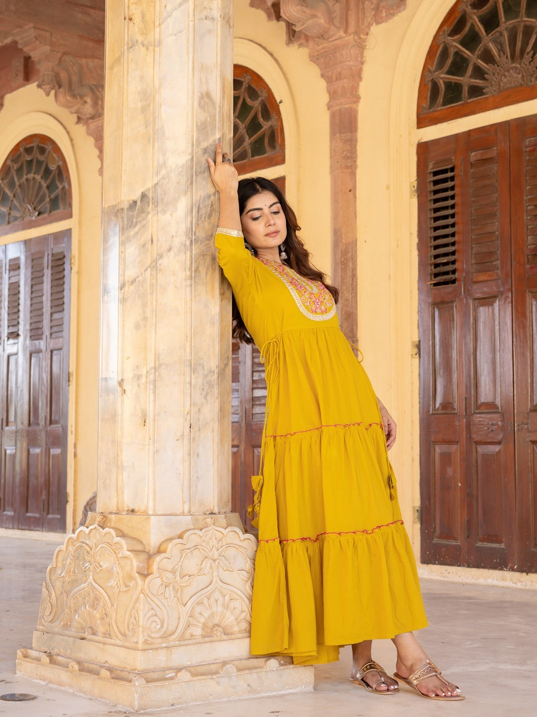 Mustard Cotton Mirror Work Dress-Yufta Store-2196DRSMSM