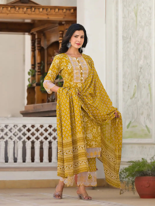 Mustard Floral Print Pakistani Style Kurta Trouser And Dupatta Set-Yufta Store-6891SKDMSM