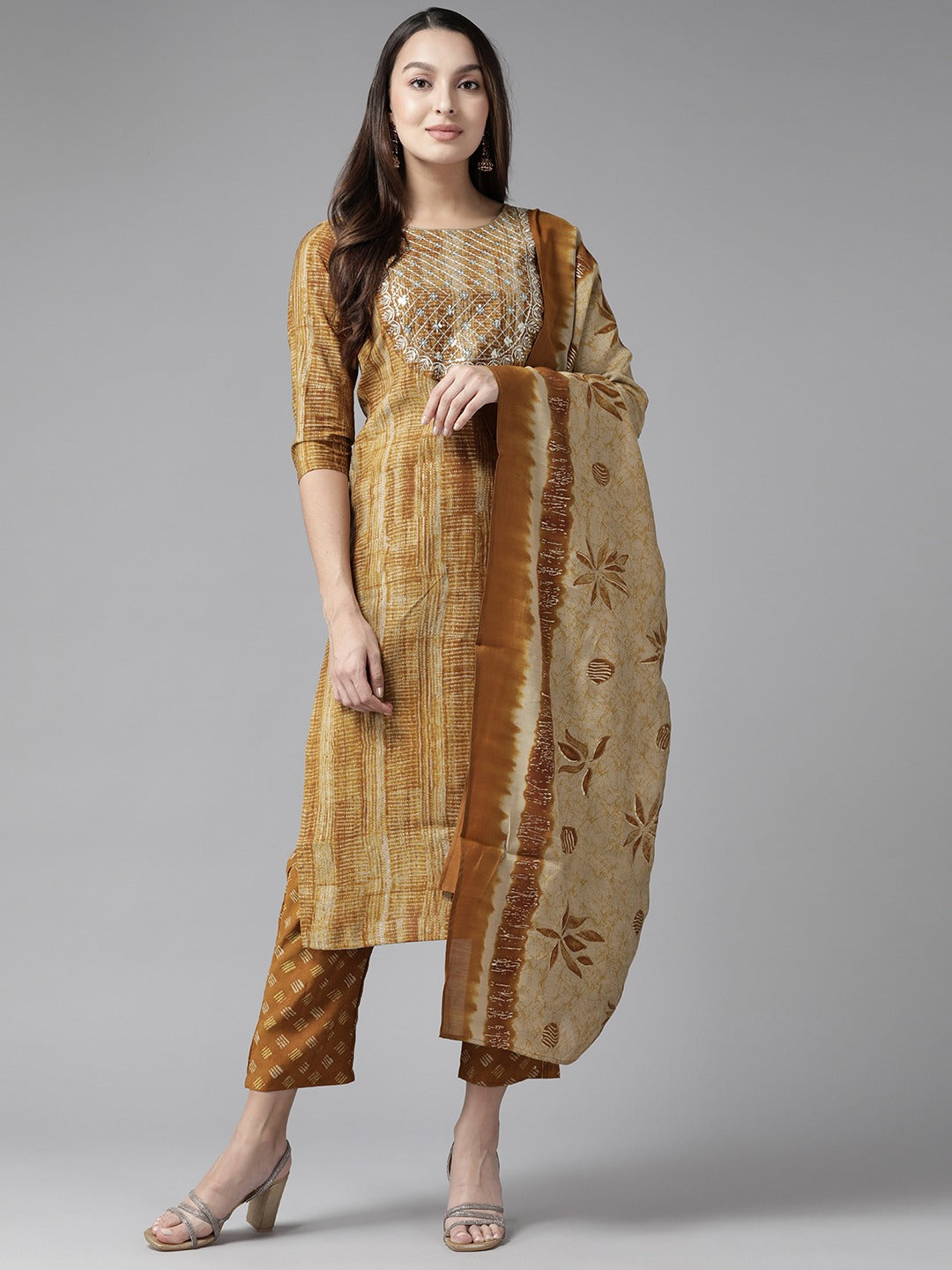 Mustard Sequinned Dupatta Set-Yufta Store-9983SKDMSS