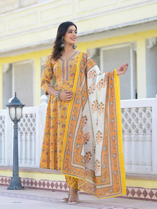 Mustard Yellow Floral Print Anarkali Kurta Trouser And Dupatta Set-Yufta Store-6875SKDMSS